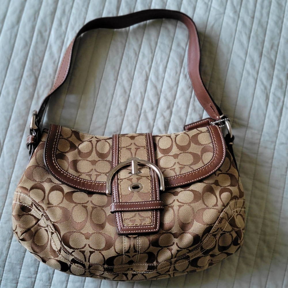 Coach Logo Leather Trim Flap Shoulder Tan Canvas Hobo Bag